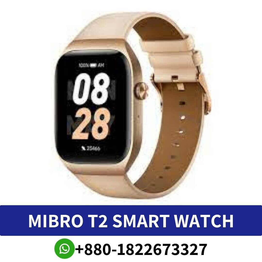 MIBRO T2 Bluetooth Calling Smart Watch the watch features a metal alloy case, a silicone band, and replaceable watch faces.