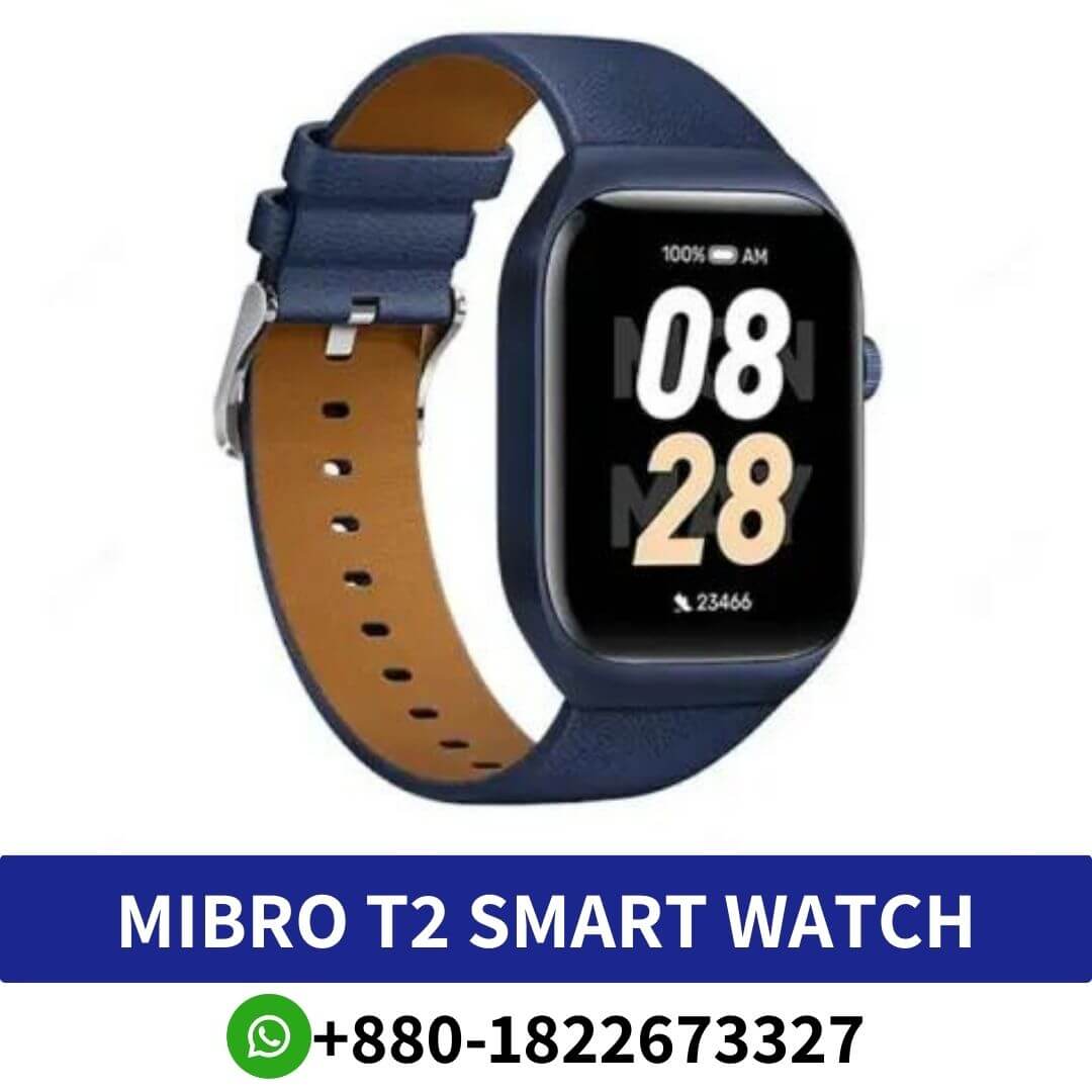 MIBRO T2 Bluetooth Calling Smart Watch the watch features a metal alloy case, a silicone band, and replaceable watch faces.