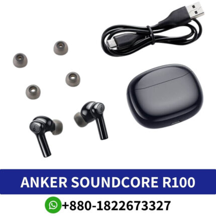 ANKER Soundcore R100_ Wireless earbuds with deep bass, 25-hour battery life, water resistance, and compact design.soundcore r100 shop in BD