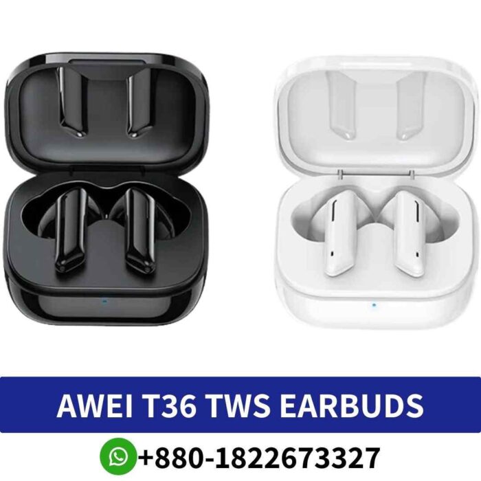 AWEI T36_ Dynamic true wireless earphones with Bluetooth 5.0, 13mm drivers, silicone earcups. t36-Tws-Wireless-Earbuds shop in bangladesh