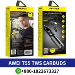 Best AWEI T55 TWS earbuds_ Lightweight, sleek design with Bluetooth 5.0, 3-hour music playback, and fast charging.AWEI T55 tws earbuds shop in BD