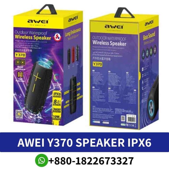 AWEI Y370 Portable, waterproof speaker with 20W output, colorful LED lights, Bluetooth 5.0, and 7-hour playtime.AWEI Y370 speaker shop in bd