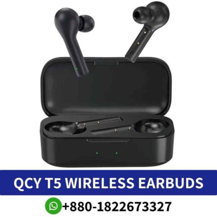 Best QCY T5_ Wireless earbuds with hybrid technology, Bluetooth 5.0, waterproof design, and built-in microphone. QCY T5 earbuds shop near me