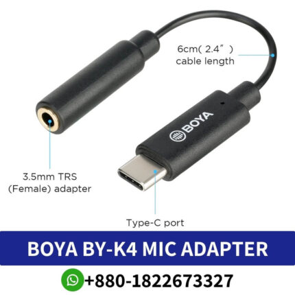 Boya BY-K4 3.5mm TRS Female to Type-C Male Audio Adapter Price In Bangladesh, Boya BY-K4 3.5mm TRS Female to Type-C Male Audio , BOYA BY-K4 Adapter Cable price in Bangladesh, Boya BY-K4 3.5mm TRS Female to Type-C Male Price in BD, boya by-k4 price in bangladesh, boya by-k4 mic adapter, boya by-k4 price in bangladesh,