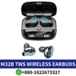 M32B_ Lightweight Bluetooth in-ear headphones with 10m range, IPX7 waterproof, and 4-hour battery._ M32B-Tws-Wireless-Earbuds shop in bd