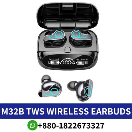 M32B_ Lightweight Bluetooth in-ear headphones with 10m range, IPX7 waterproof, and 4-hour battery._ M32B-Tws-Wireless-Earbuds shop in bd