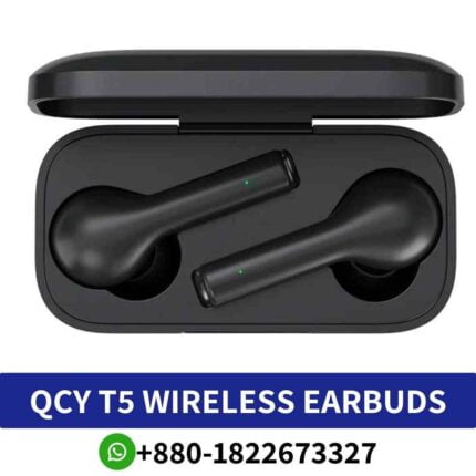 QCY T5_ Wireless earbuds with hybrid technology, Bluetooth 5.0, waterproof design, and built-in microphone. QCY T5 earbuds shop near me