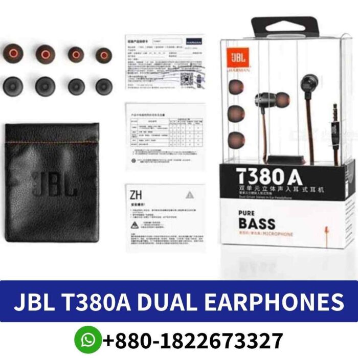 Best JBL T380A headphone-dynamic-drivers Price in Bd. t380a Dual dynamic in-ear headphones with rich sound, mic, and comfortable fit shop near me