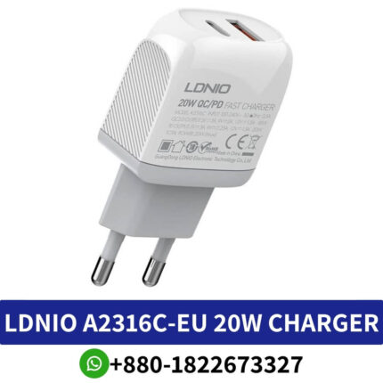 Best LDNIO A2316C-EU 20W Fast Travel Dual Port USB & Type-C Charger