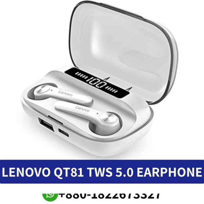 LENOVO QT81_ True wireless headphones with Bluetooth 5.1, IPX5 waterproofing, and 3-5 hours talk time. QT81-TWS-5-0-Earphone shop in bd