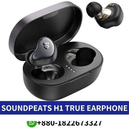 SoundPEATS H1_ Stylish black wireless earphones offering immersive audio and comfortable in-ear fit. H1-Wireless-Hybrid-Earphones shop in bd